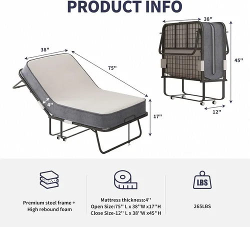 Miniatura 2 de ijuicy Cama plegable con colchón de 4 pulgadas, cama plegable de 75 x 38 pulgadas con 4 ruedas bloqueables y marco fuerte y resistente, cama