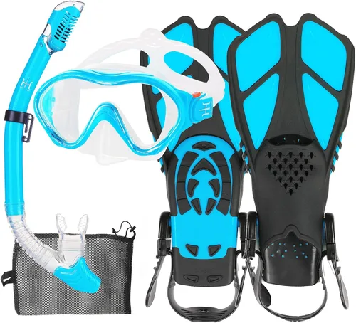 Miniatura 21 de Juego de esnórquel para niños con máscara, aletas, paquetes de esnórquel, con máscara de buceo, esnórquel, aletas ajustables para nadar, bolsa