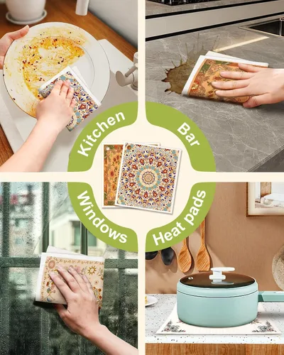 Miniatura 6 de Miss Adola 6 unidades de paños suecos para cocina - paños reutilizables para lavar platos, toallas de cocina absorbentes, lindas y divertidas, Bohemi
