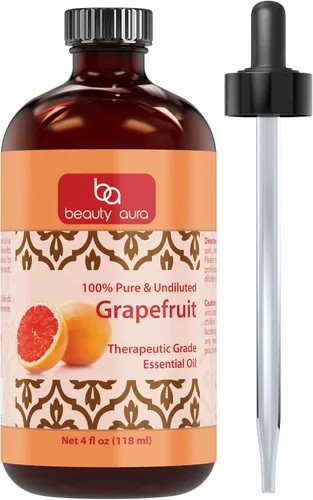Beauty Aura Aceite esencial de pomelo de 4 onzas. Botella de aceites de grado terapéutico 100% puros y sin diluir. Ideal para aromaterapia y