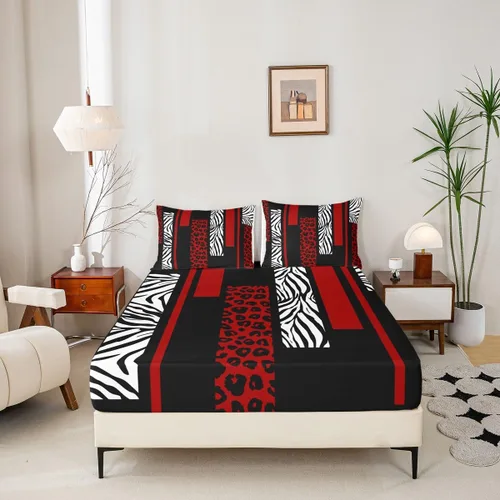 Miniatura 4 de Sábana bajera ajustable con estampado de leopardo, tamaño individual, juego de ropa de cama rústica con rayas de piel de cebra, decoración
