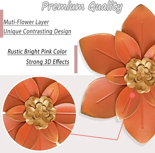 Miniatura 2 de Arte de Pared de Flores de Metal Rosa, Escultura Floral Rústica Moderna de 11", Decoración Colgante Envejecida del Hogar, Obras de Arte Decorativas