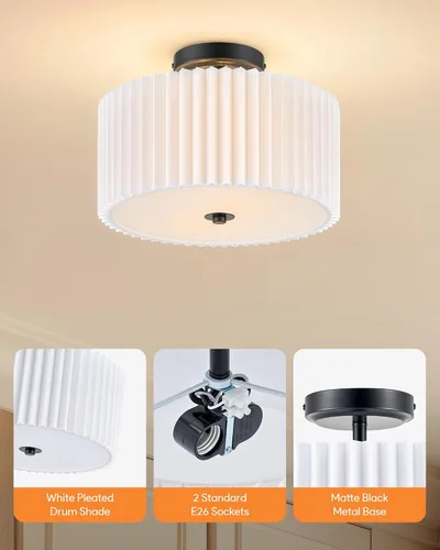 Miniatura 5 de VONLUCE Lámpara de techo semiempotrada de 12.2 pulgadas, moderna lámpara de techo de 2 luces con pantalla de tambor plisada blanca, 2 enchufes E26