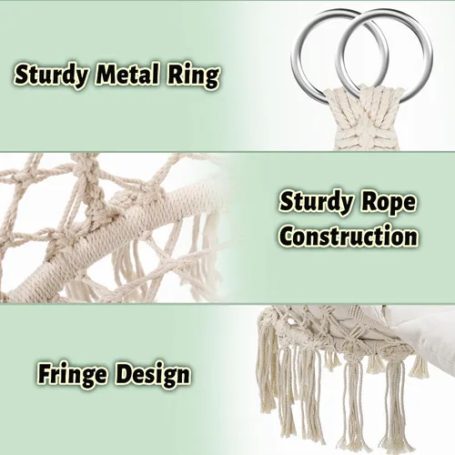 Miniatura 3 de KROFEM Hamaca Silla Colgante Oscilante de Macramé con Cojín de Gran Tamaño, Perfecta para Dormitorio, Porche, Niños, Adultos, Balcón, Beige