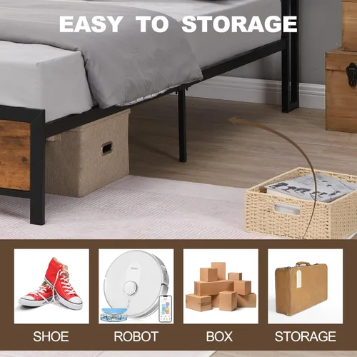 Miniatura 4 de Base de cama de tamaño matrimonial con luces LED y 2 puertos USB, base de cama de plataforma de metal industrial con cabecera de madera