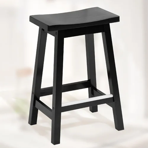 Miniatura 6 de Juego de 2 taburetes de bar de madera maciza con placas de pie de metal, taburetes modernos sin espalda de 24 pulgadas de altura para encimera