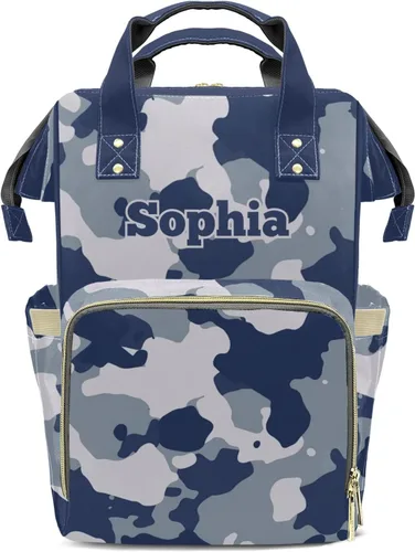 Mochila de pañales de camuflaje azul amarillo con nombre, bolsa multifunción de gran capacidad para mamá, papá, unisex, niño y niña, Diseño 2,