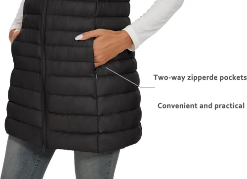 Miniatura 6 de ELFJOY Chaleco de plumón medio largo para mujer, chaleco acolchado ligero, chaqueta cortavientos elegante