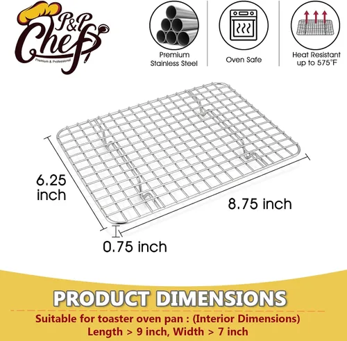 Miniatura 2 de P&P CHEF Juego de 2 estantes de cocina de enfriamiento de 8.75 pulgadas, rejilla de acero inoxidable para asar, secar a la parrilla, apto para horno