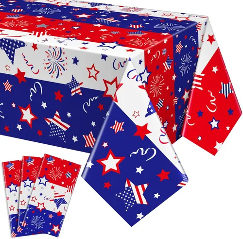 Buryeah 3 Pcs Patriotic Tablecloth 54 x 108 Inch Plastic Tablecloth Red White Blue American Flag Rectangular Table Covers for 4th of July Memorial
