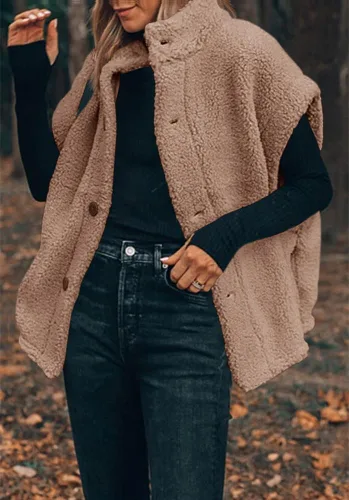 Miniatura 8 de Hongqizo - Chaleco de forro polar mullido para mujer, casual, de gran tamaño, cálido, con botones, chaqueta de sherpa con bolsillos