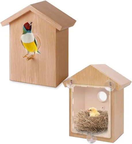 Miniatura 7 de Ochine Casa para pájaros con ventosa fuerte, casa de pájaros de madera, ventana transparente, comedero para pájaros al aire libre, jaula para nido