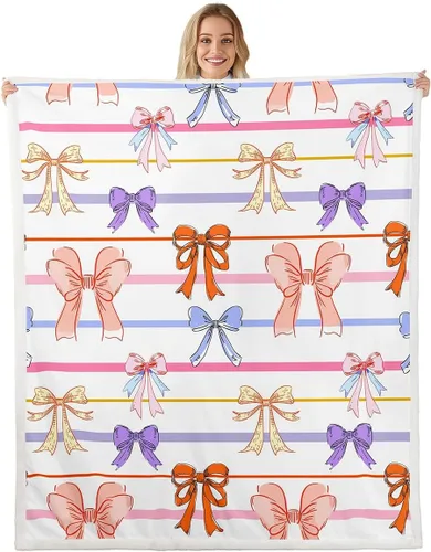 Miniatura 42 de Manta de franela con lazo rosa, manta de vellón con lazo en acuarela para decoración del hogar, sofá, sofá, manta de forro polar kawaii de dibujos