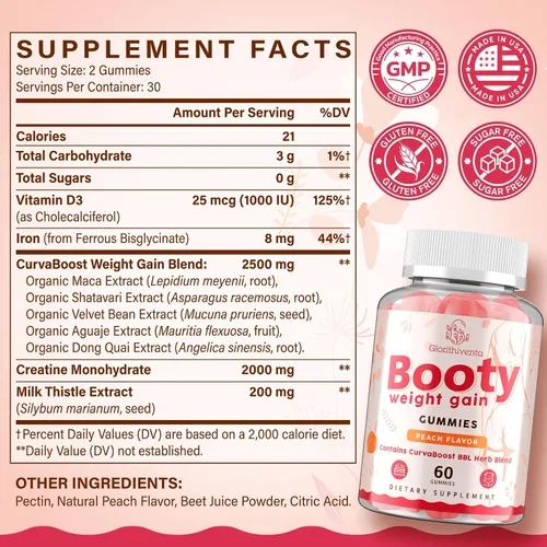 Miniatura 6 de Gomitas de botín para mujer, las gomitas BBL contienen mezcla de hierbas CurvaBoost BBL y monohidrato de creatina para botín, curvas y energía, cero