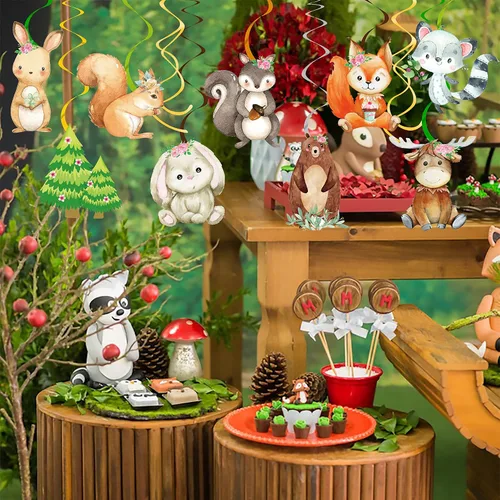 Miniatura 9 de Decoraciones de fiesta de bosque, 20 piezas de animales del bosque, remolinos colgantes, animales del bosque, decoraciones de techo para decoración