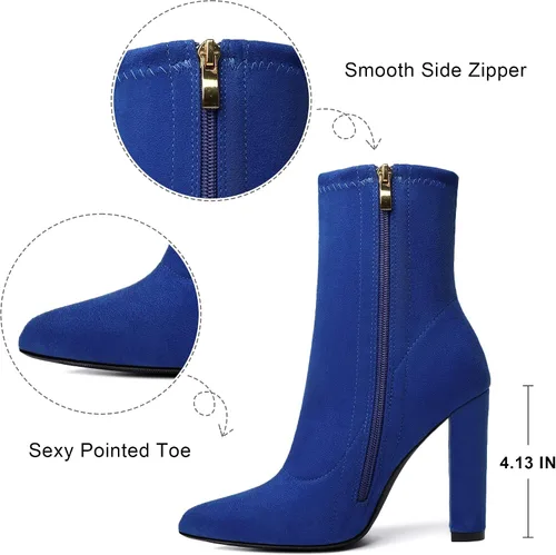 Miniatura 2 de risdoada Botas de tacón grueso para mujer botas de tacón grueso punta puntiaguda de gamuza elástica otoño e invierno botines de media pantorrilla