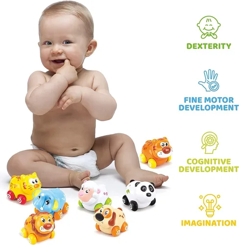 Miniatura 5 de Liberty Imports Juego de 8 piezas de animales de dibujos animados de juguete de fricción para bebés y niños pequeños Lindos mini vehículos