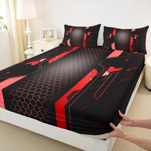 Manfei Sábana bajera ajustable de panal rojo, tamaño matrimonial, juego de ropa de cama hexagonal geométrica de 3 piezas para decoración de Multi 07