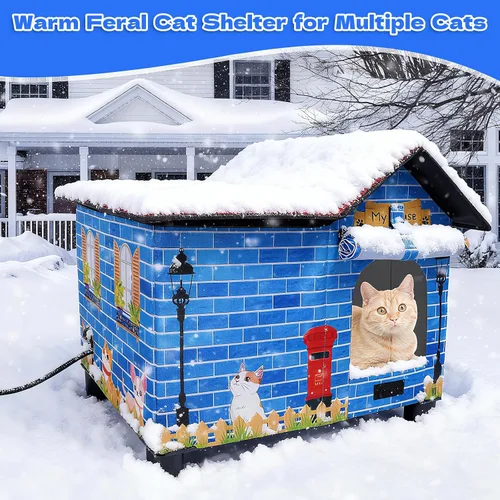 Miniatura 7 de Casa Grande con Calefacción para Gatos de Exterior, Casa Elevada para Gatos al Aire Libre Resistente a la Intemperie con Almohadilla Térmica
