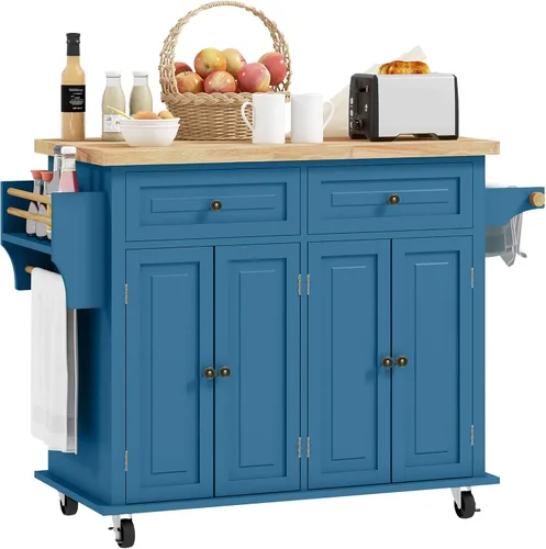 Miniatura 14 de HOMCOM Carrito de Isla de Cocina con Superficie de Madera de Caucho, Mesa de Isla de Cocina Rodante sobre Ruedas con Cajones, Estantes Ajustables