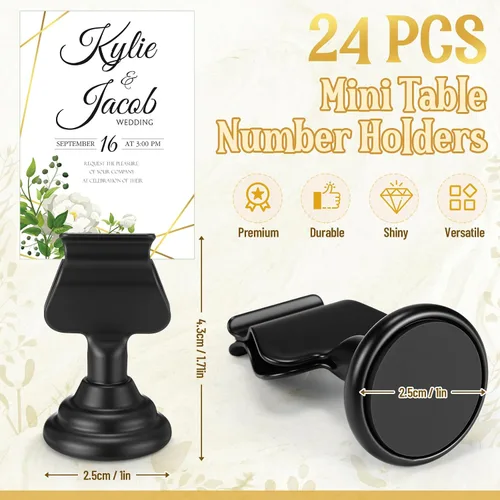 Miniatura 2 de Kathfly 24 soportes para números de mesa de boda de 1.7 pulgadas, de metal, color negro, mini tarjetero, soporte para letreros de mesa con clip
