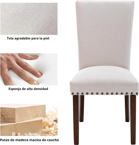 Miniatura 7 de COLAMY Juego de 4 sillas de comedor tapizadas Parsons, sillas laterales de tela para comedor y cocina con ribete de cabeza de clavo y patas de Beige
