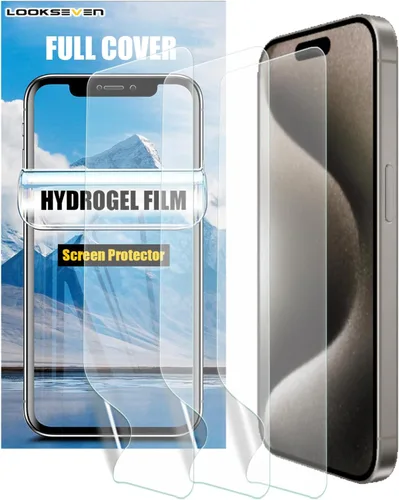 LOOKSEVEN Paquete de 3 películas de hidrogel para iPhone 15 Pro, protector de pantalla transparente de TPU suave, película protectora de alta