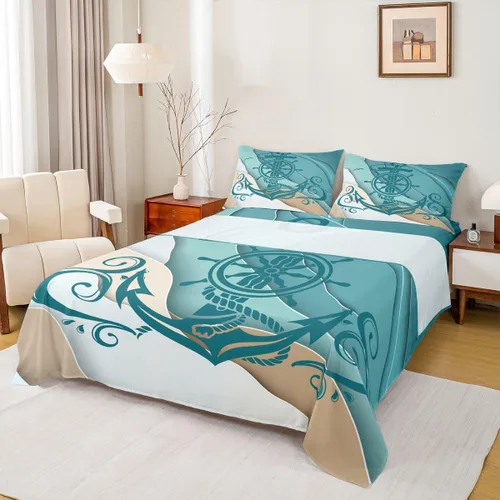 Miniatura 26 de Erosebridal Juego de sábanas de ancla náutica, sábanas de brújula oceánica, tamaño individual para niños, adolescentes, adultos, decoración
