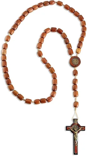 Catholica Shop Collar de cruz de plata con cuentas de madera Rosario I Religious Wear Saint Benedict I Collar de cruz negra para hombres y mujeres I