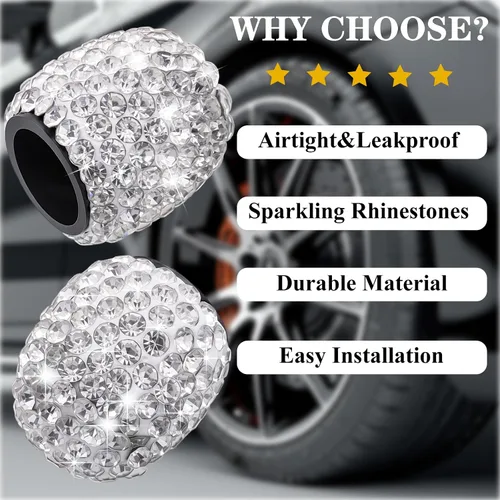 Miniatura 6 de 8 PCS Tapas de Válvula de Vástago de Neumático con Diamantes de Cristal Brillante, Tapas de Válvula de Neumático de Coche a Prueba de Polvo Blanco