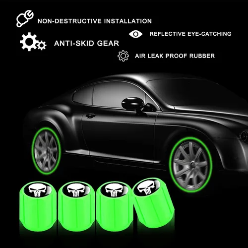 Miniatura 6 de Ajxn 4 tapas de vástago de válvula de neumático de automóvil, estampado de calavera, tapas de aire luminosas, universales para automóviles