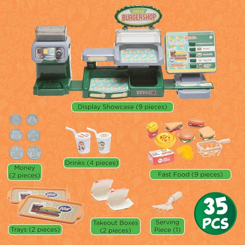Miniatura 7 de Juego de hamburguesas con menú de juguete, juego de cocina para niños, soporte retro para comedor para niños, juego de cocina para niños pequeños