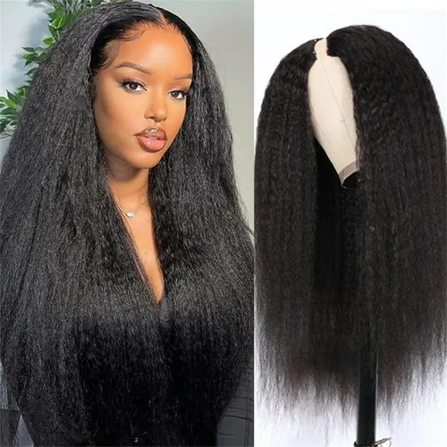 Miniatura 10 de Peluca de cabello humano liso rizado con parte en V para mujeres negras, densidad del 180%, peluca mejorada con parte en U, sin pegamento, sin