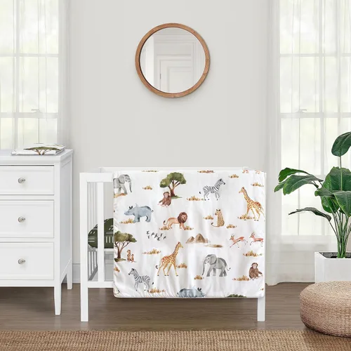 Sweet Jojo Designs Juego de ropa de cama unisex de animales de la selva para bebé, bebé, cuarto de bebé, manta para recién nacido, manta portátil y