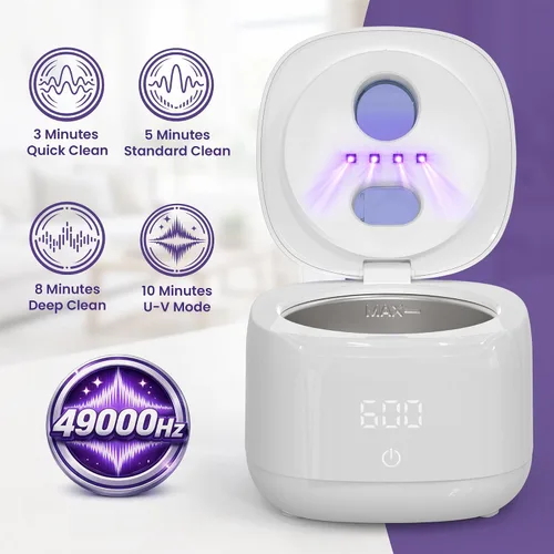 Miniatura 2 de Limpiador ultrasónico de retenedores – Limpiador de dentaduras postizas de 49 kHz para protectores bucales, retenedores, alineadores, joyas