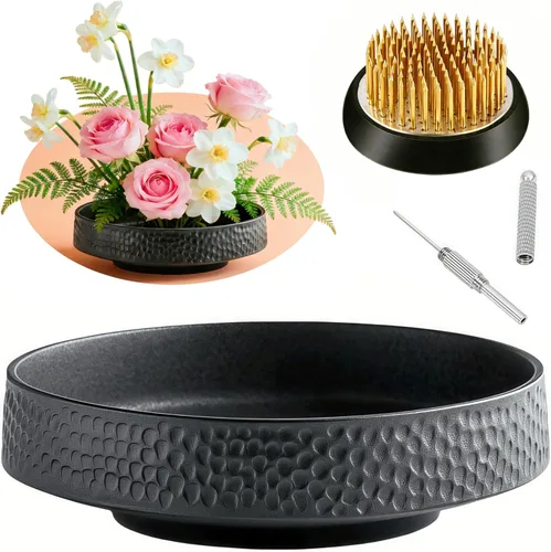 Miniatura 11 de Kit de jarrón Ikebana japonés, cerámicas de contenedor poco profundo para flores, jarrón Ikebana con base para arreglos florales Kenzan de 1.57