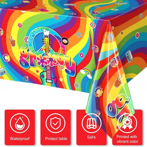 Miniatura 4 de Tiamon 3 manteles de plástico estilo hippie retro para mesa rectangular, decoraciones de fiesta de arco iris desechables para fiestas de los años 60