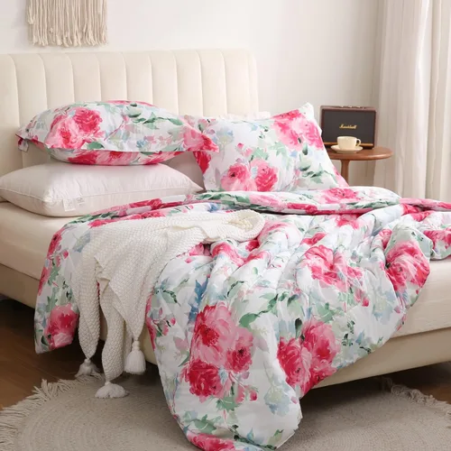 Miniatura 12 de Juego de ropa de cama JSD de microfibra con estampado floral verde, tamaño Queen, 3 piezas, edredón alternativo ligero para todas las estaciones
