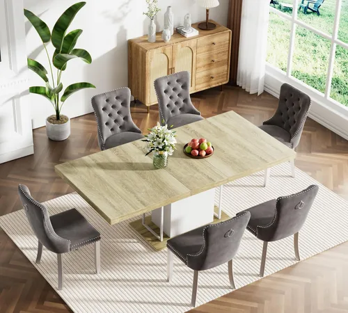 Miniatura 34 de Juego de mesa de comedor extensible marrón de 63 a 78.74 pulgadas para 4, juego de mesa de comedor de 5 piezas con 4 sillas, mesa de cocina