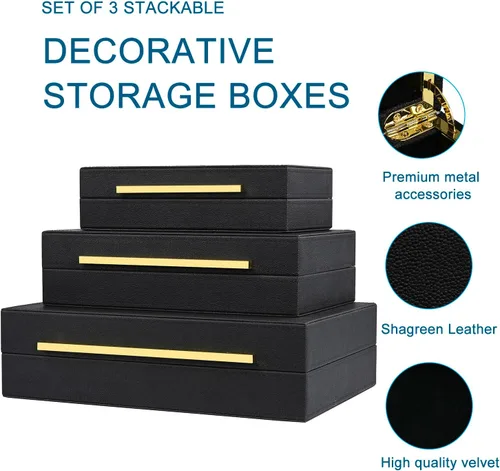 Miniatura 3 de Caja Negra Shagreen de Cuero Sintético, Juego de 3 Piezas Cajas Decorativas de Almacenamiento, Cajas Decorativas Modernas Apilables con Tapas