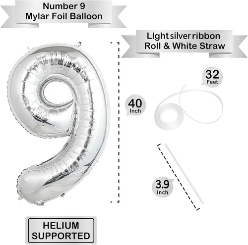 Miniatura 3 de Globos de números plateados de 40 pulgadas, globos de números de papel de aluminio Mylar con helio para cumpleaños, globo número 9 para fiestas