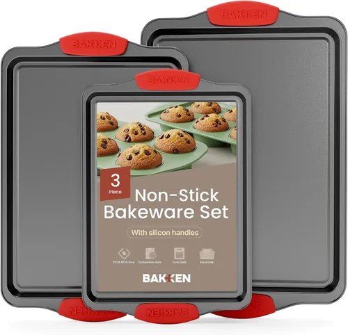 Juego de bandejas para hornear – Bandeja para galletas de 3 piezas – Acero al carbono antiadherente negro de lujo – Asas de silicona – Calidad de