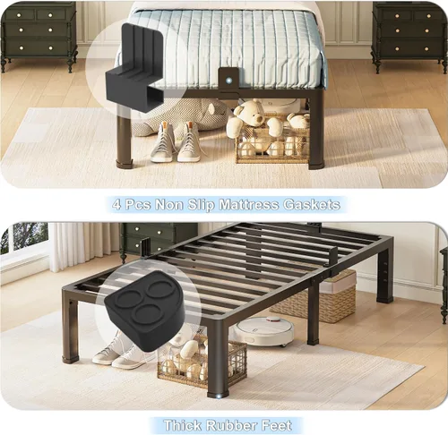 Miniatura 7 de Yitong Angel - Base de cama individual de 14 pulgadas con patas de esquinas redondeadas y agujeros para cabecero, con tope deslizante para colchón