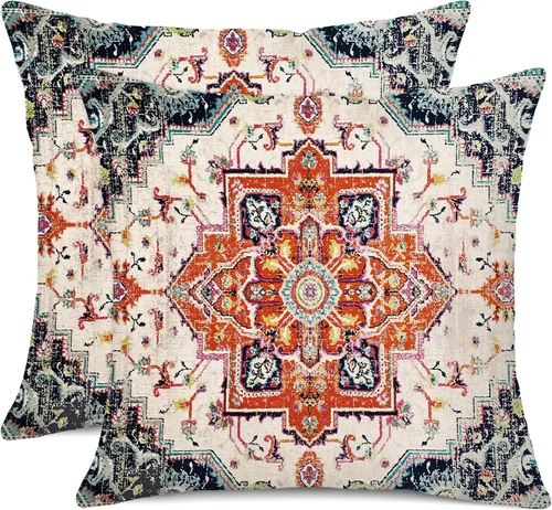 Miniatura 22 de Juego de 2 fundas de almohada impermeables para exteriores de 16 x 16 pulgadas, patrón de alfombra bohemio vintage, diseño étnico negro y gris