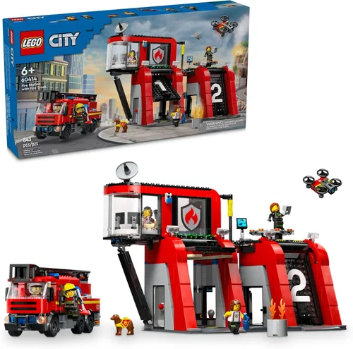 LEGO City Estación de bomberos con camión de bomberos de juguete – Juegos de construcción de juguetes para niños con 2 accesorios de camión de