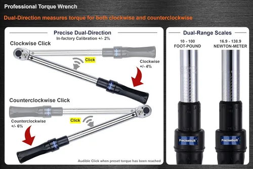 Miniatura 2 de Llave dinamométrica profesional de clic de doble dirección de 3/8" 10-100 ft-lb (16.9-138.9 Nm)