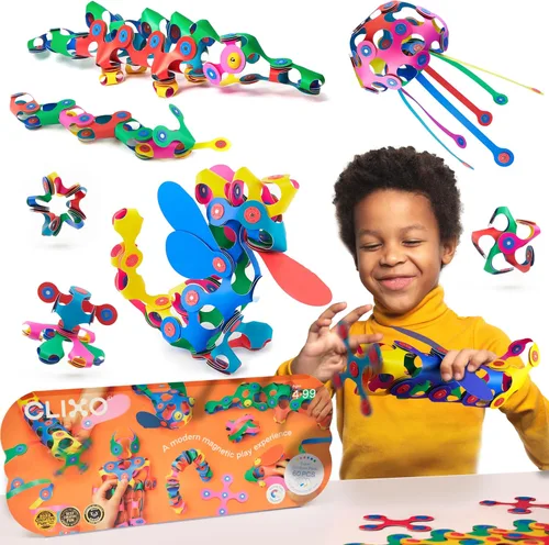 Clixo Super Rainbow, paquete de 60 piezas, un versátil juguete magnético de construcción apto para viajes, diseño flexible para horas de diversión