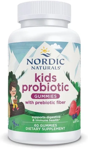 Nordic Naturals Gomitas probióticas Kids Nordic Flora para niños, Merry Berry Punch - 60 gomitas - 1.5 mil millones de CFU y fibra prebiótica - sin
