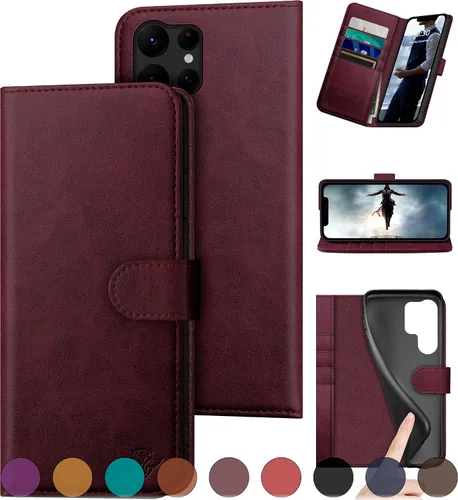 Miniatura 9 de DuckSky Funda tipo cartera de cuero genuino para Samsung Galaxy S23 Ultra con bloqueo RFID, 4 tarjeteros de crédito. 【Cuero auténtico】 Funda Marrón