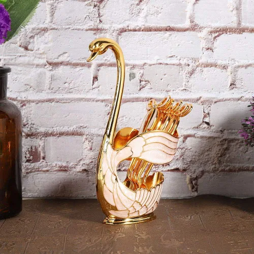 Miniatura 3 de Juego de cucharas de postre de café, elegante estante de almacenamiento de cucharas con forma de cisne, cucharas de postre de metal sólido